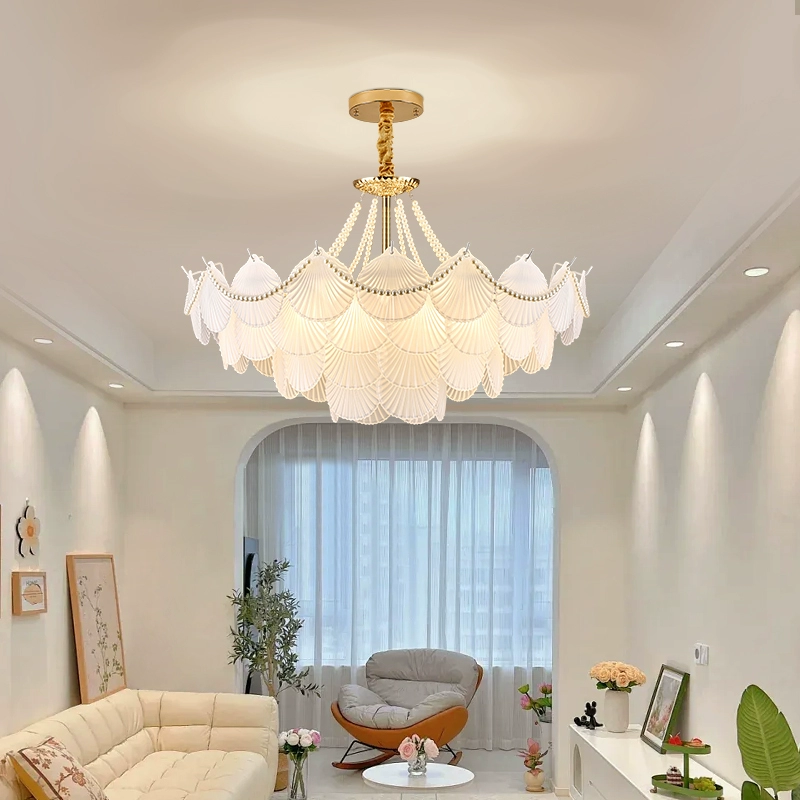 Elegant French-Style Living Room Chandelier with Pearl and Seashell Accents, Luxury Master Bedroom Lighting, Cream Oil-Rubbed Bronze Finish, Red Net Zhongshan Lamp, Modern Home Decor - Image 6