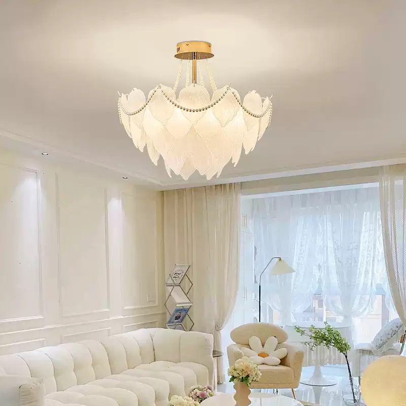 Elegant French-Style Cream Oil Pendant Light with Feather and Pearl Accents - Modern Luxury Living Room Lighting Fixture for Stylish Home Decor - Image 3