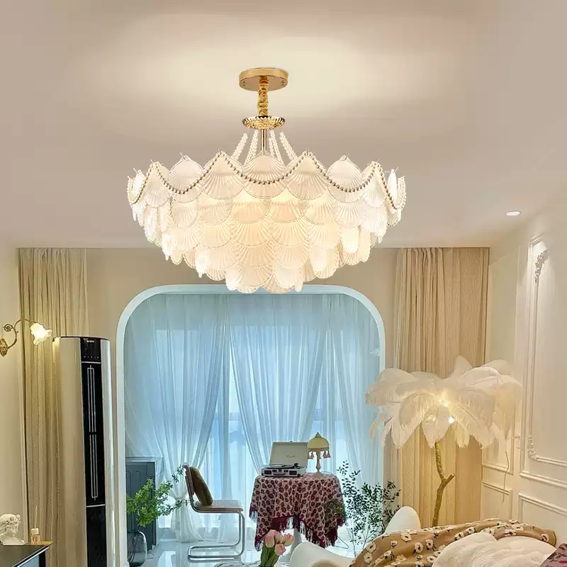 Elegant French-Style Living Room Chandelier with Pearl and Seashell Accents, Luxury Master Bedroom Lighting, Cream Oil-Rubbed Bronze Finish, Red Net Zhongshan Lamp, Modern Home Decor - Image 3