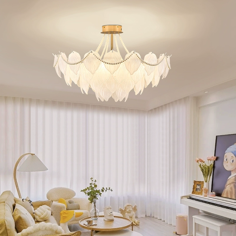 Elegant French-Style Cream Oil Pendant Light with Feather and Pearl Accents - Modern Luxury Living Room Lighting Fixture for Stylish Home Decor - Image 6