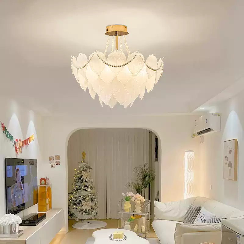 Elegant French-Style Cream Oil Pendant Light with Feather and Pearl Accents - Modern Luxury Living Room Lighting Fixture for Stylish Home Decor - Image 2