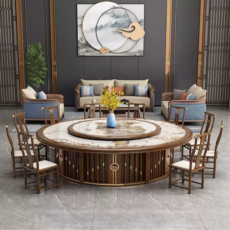 Commercial 16-Person Round Dining Table with Solid Wood Base, Marble Top, and Electric Rotating Lazy Susan for Restaurants and Banquet Halls in New Chinese Style - Image 2