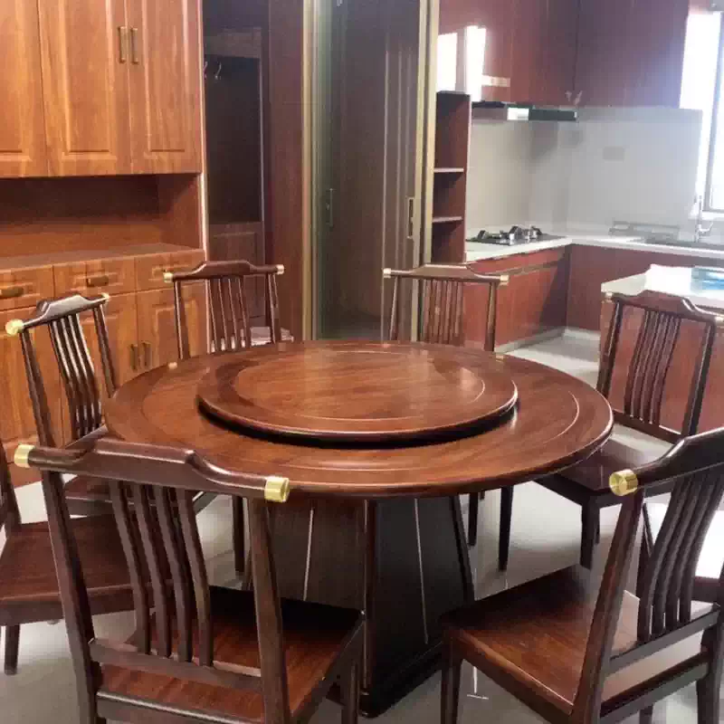 Elegant Round Dining Table Set with Lazy Susan for Home and Hotel Use - Solid Wood and Stainless Steel Combination, Perfect for Living Room and Small Spaces - Image 2