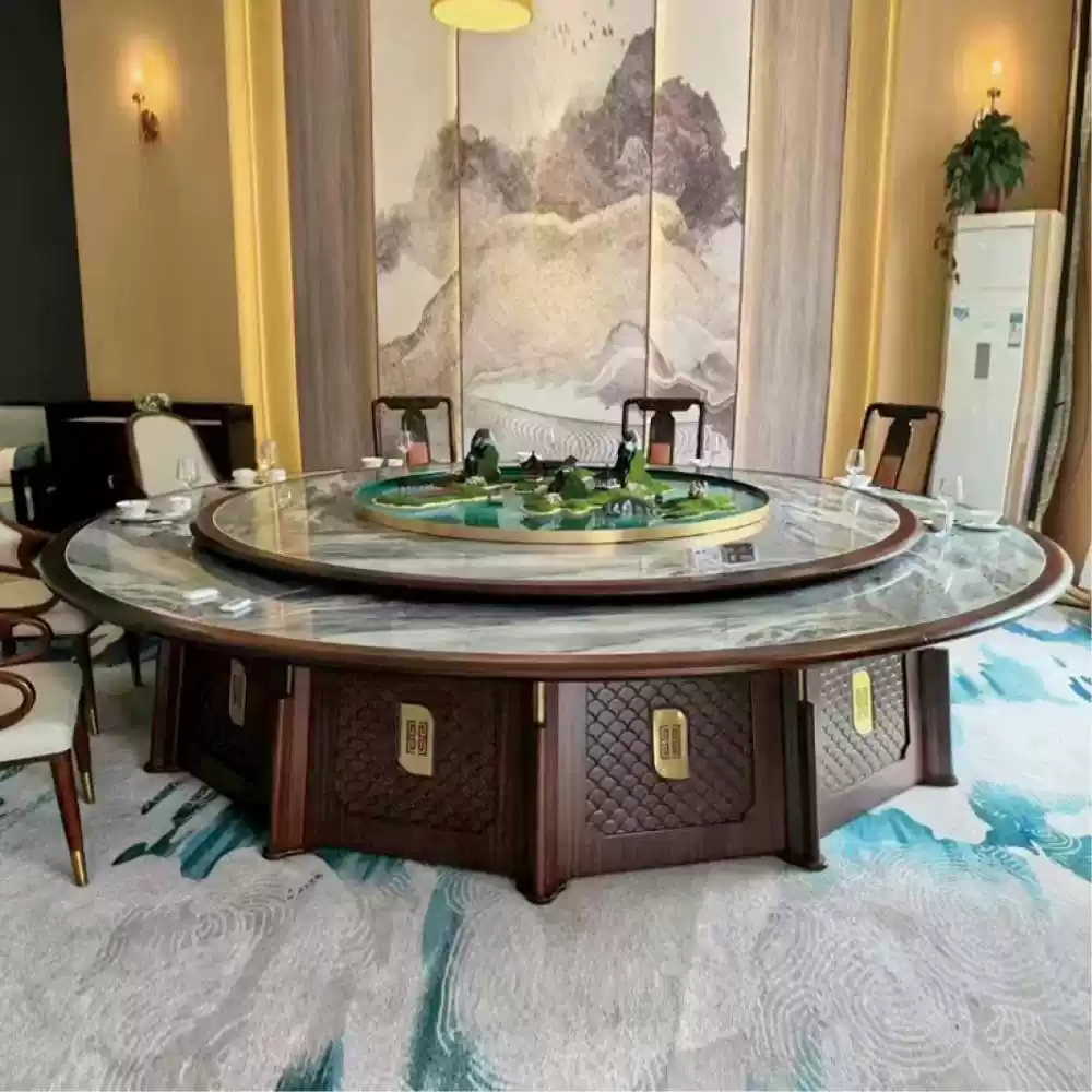 New Chinese Style Hotel Solid Wood Inlaid Marble Electric Large Round Table for 12-20 Persons with Induction Cooktop and Dining Table 2.3x3 Meters - Image 3