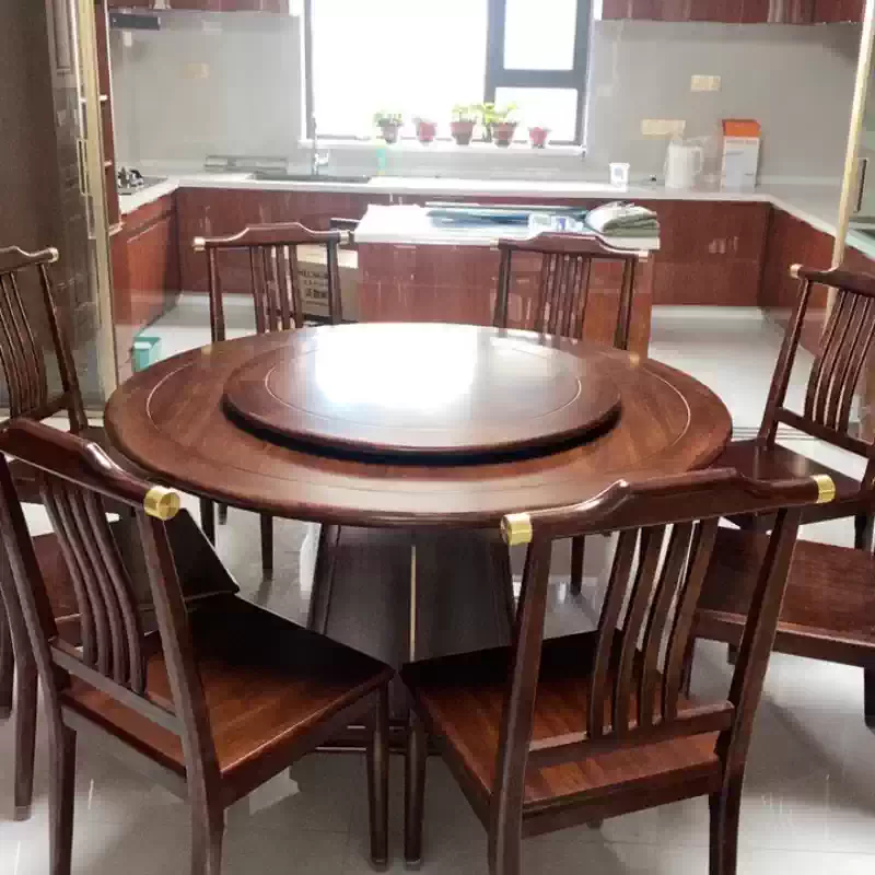 Elegant Round Dining Table Set with Lazy Susan for Home and Hotel Use - Solid Wood and Stainless Steel Combination, Perfect for Living Room and Small Spaces - Image 4