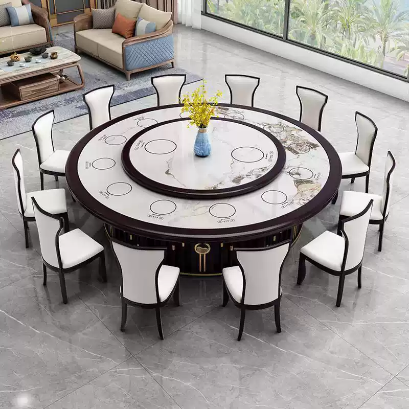 Commercial 16-Person Round Dining Table with Solid Wood Base, Marble Top, and Electric Rotating Lazy Susan for Restaurants and Banquet Halls in New Chinese Style - Image 3