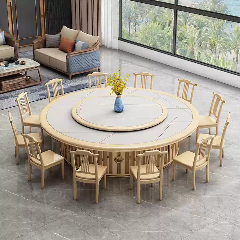Commercial 16-Person Round Dining Table with Solid Wood Base, Marble Top, and Electric Rotating Lazy Susan for Restaurants and Banquet Halls in New Chinese Style - Image 4