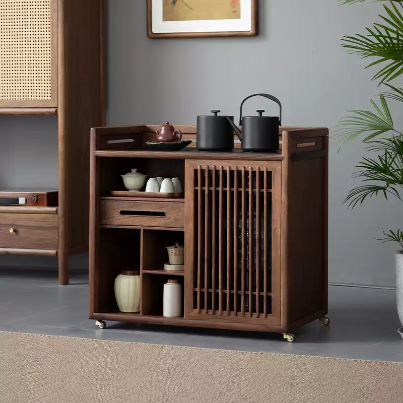 Classic Chinese Tea Cabinet with Burner - Solid Wood Mobile Tea Table for Home and Hotel Use, Featuring Traditional Design and Practical Functionality - Image 4