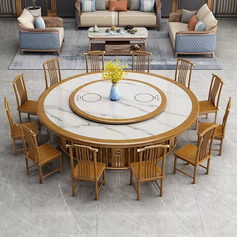 Commercial 16-Person Round Dining Table with Solid Wood Base, Marble Top, and Electric Rotating Lazy Susan for Restaurants and Banquet Halls in New Chinese Style - Image 6
