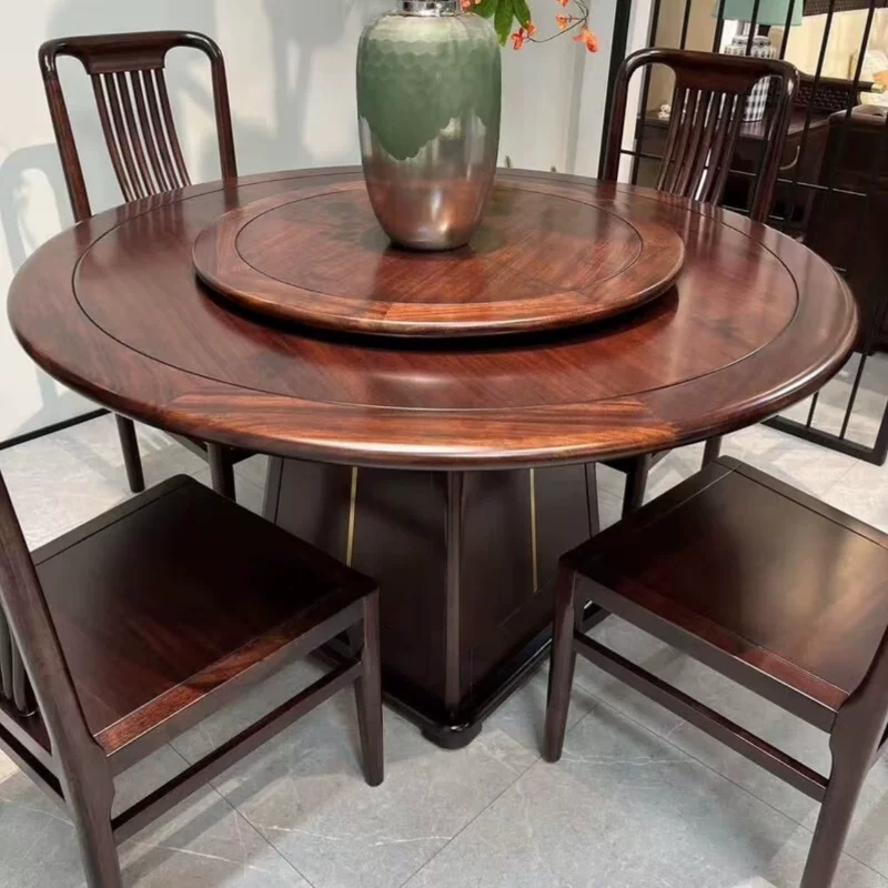 Elegant Round Dining Table Set with Lazy Susan for Home and Hotel Use - Solid Wood and Stainless Steel Combination, Perfect for Living Room and Small Spaces - Image 6