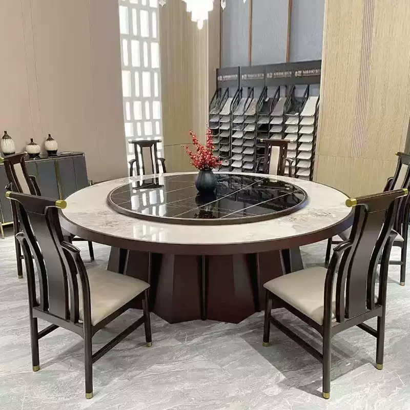 New Chinese Style Hotel Solid Wood Inlaid Marble Electric Large Round Table for 12-20 Persons with Induction Cooktop and Dining Table 2.3x3 Meters - Image 2