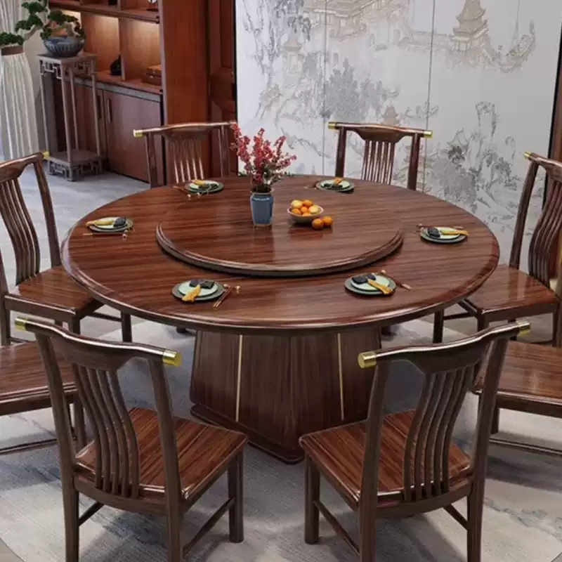 Elegant Round Dining Table Set with Lazy Susan for Home and Hotel Use - Solid Wood and Stainless Steel Combination, Perfect for Living Room and Small Spaces - Image 3